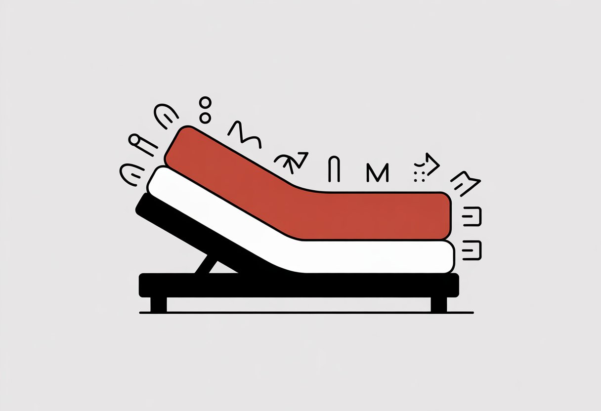 A simple illustration showing an adjustable bed frame with a mattress on top and abstract icons around it representing factors that affect mattress compatibility.