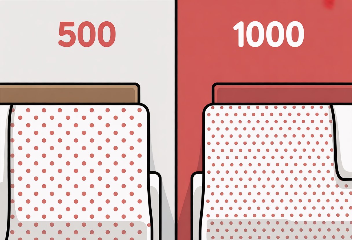 Two side-by-side folded sheets, one with a sparse red dot pattern and the other with a denser red dot pattern, illustrating a comparison between lower and higher thread counts.