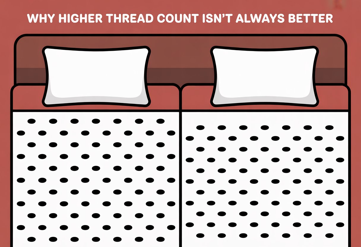 A comic panel showing two simplified bedsheets side by side, one with fewer black dots and the other with many more, illustrating a comparison between lower and higher thread counts.