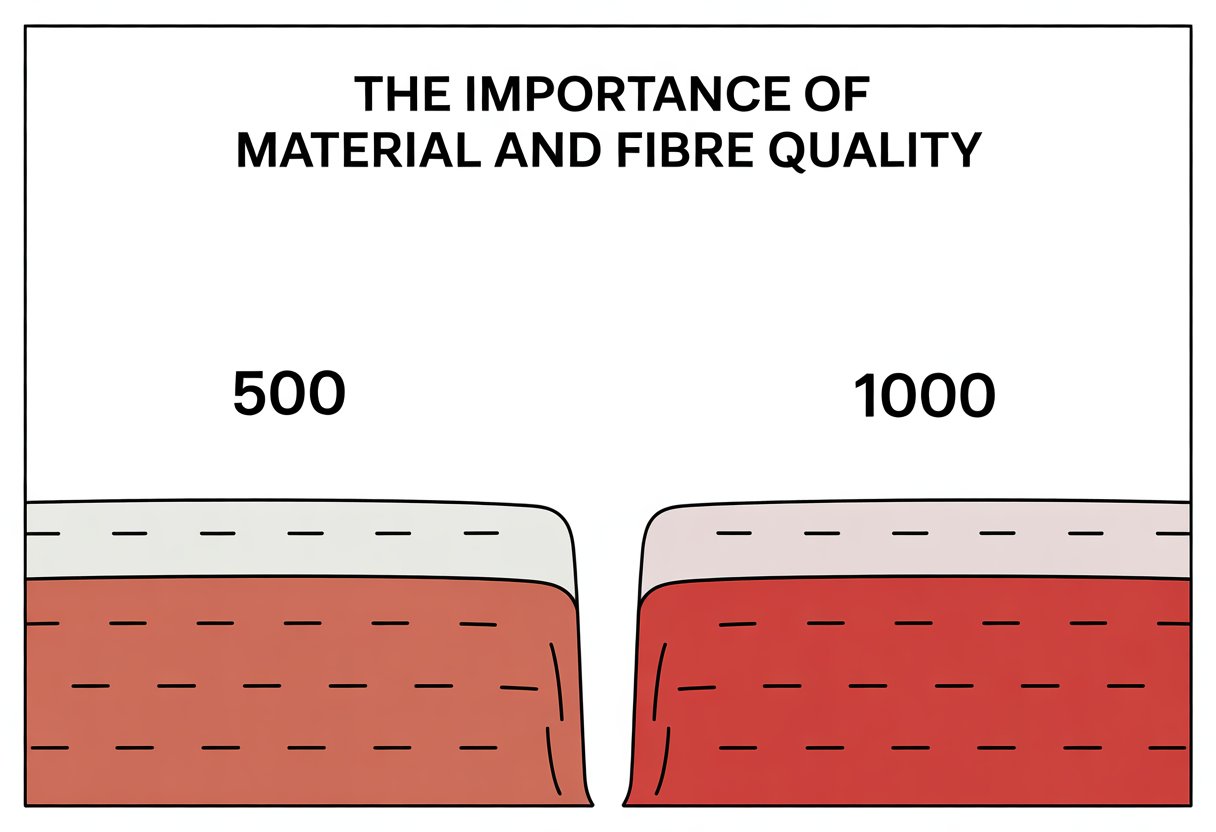 Two side-by-side fabric swatches showing different thread densities, one with a sparse pattern and the other with a denser pattern.