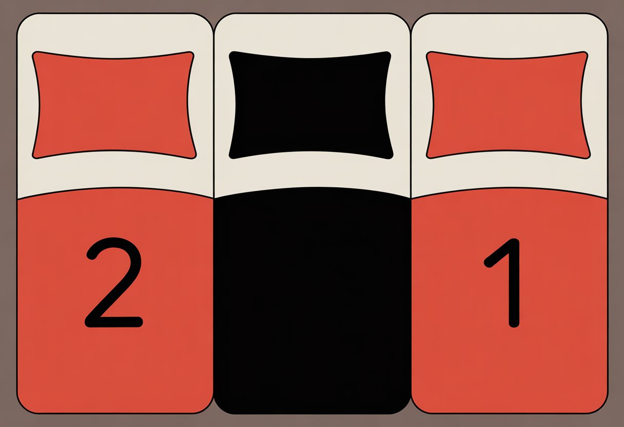 Top-down view of a bed with two pillows on each side at the head and one pillow at the foot.