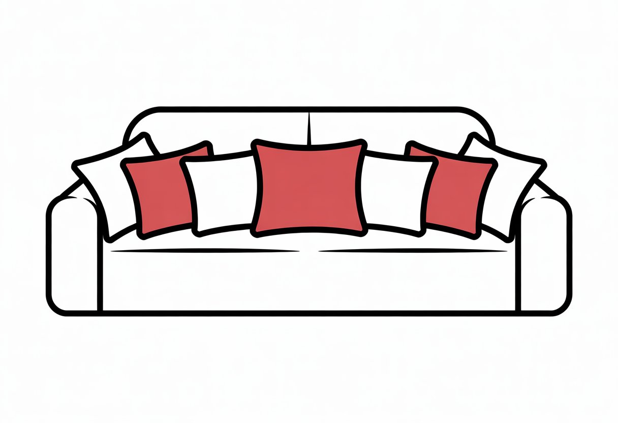 A simple illustration of a sofa with five pillows arranged in a 2-2-1 pattern.