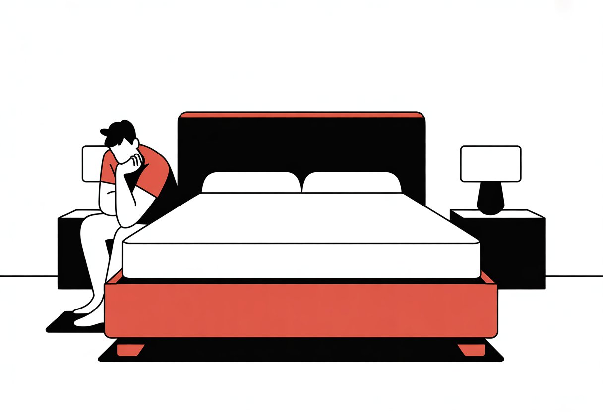 A person standing next to a medium-sized mattress in a simple bedroom setting.