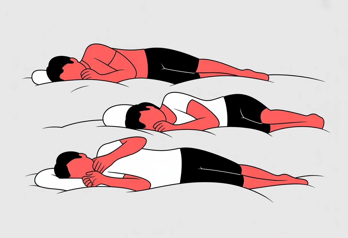 Three simplified figures lying on a soft mattress in different sleeping positions, with red highlights indicating pressure points and discomfort.