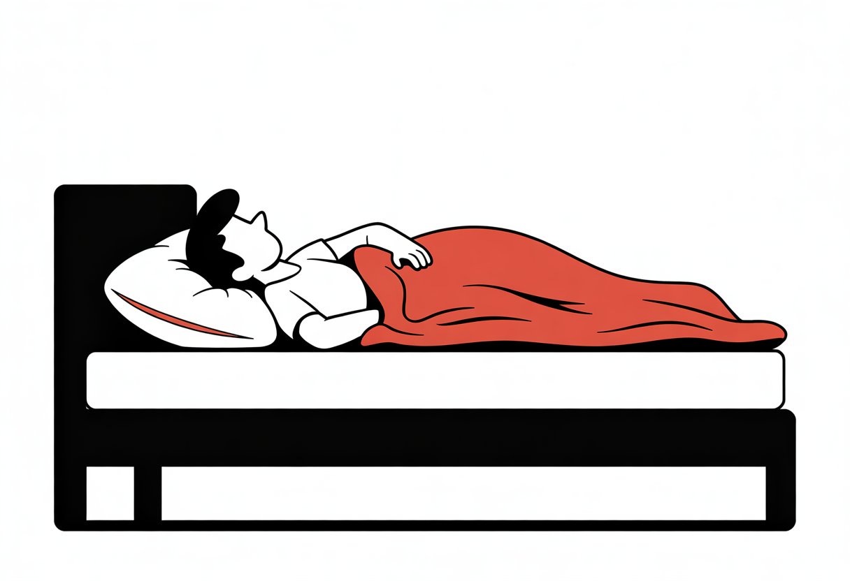 A person lying uncomfortably on a sagging mattress in a simple bedroom scene.