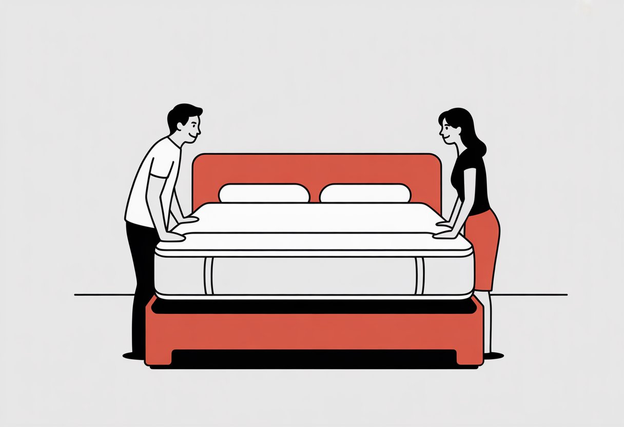 A couple standing on either side of a mattress, facing each other in a simple scene.