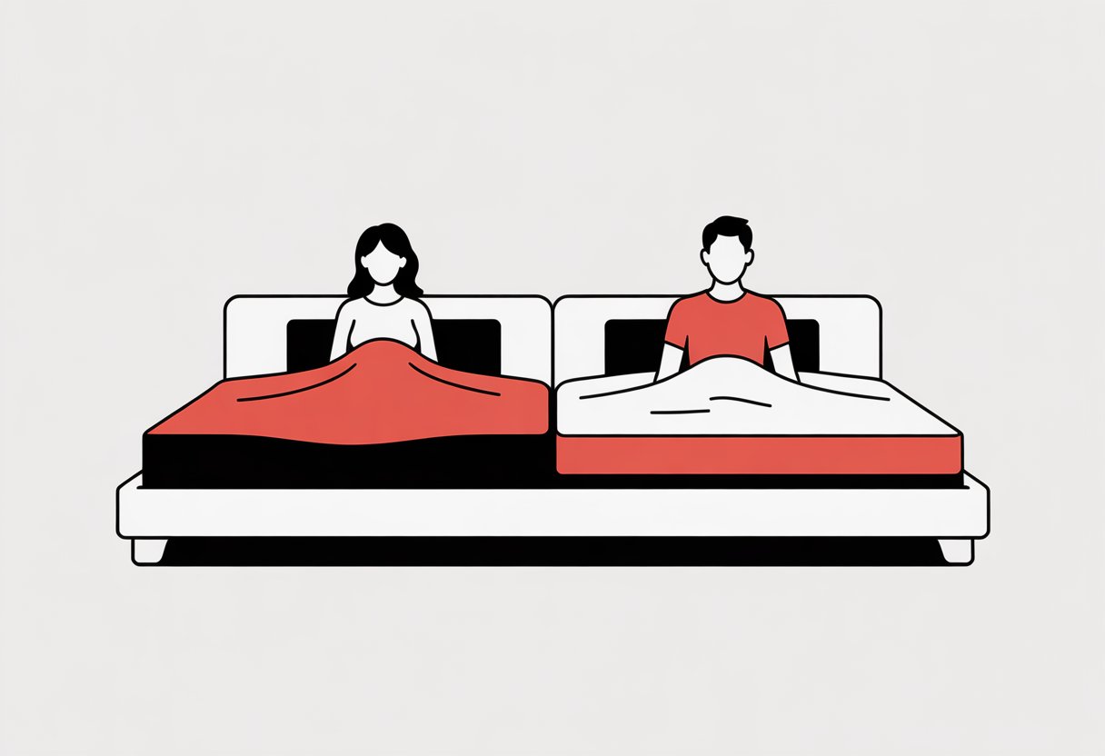 A bedroom scene showing a couple sitting on a bed with two different mattress types side by side.