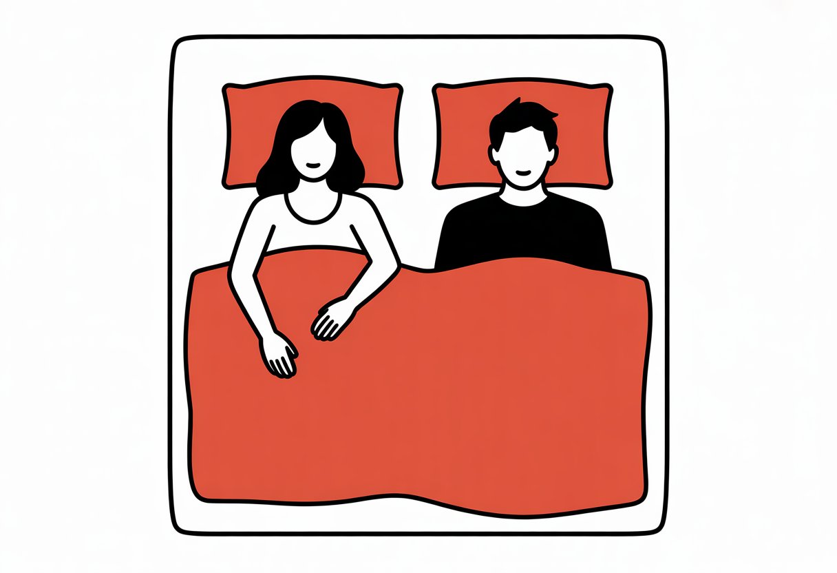 A couple lying side by side on a mattress, each in a different sleeping position, illustrating mattress size and sleeping arrangements.