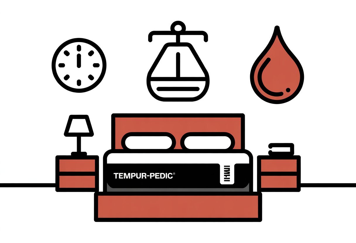 A simple illustration of a bed with a mattress and three icons around it representing time, weight, and moisture.