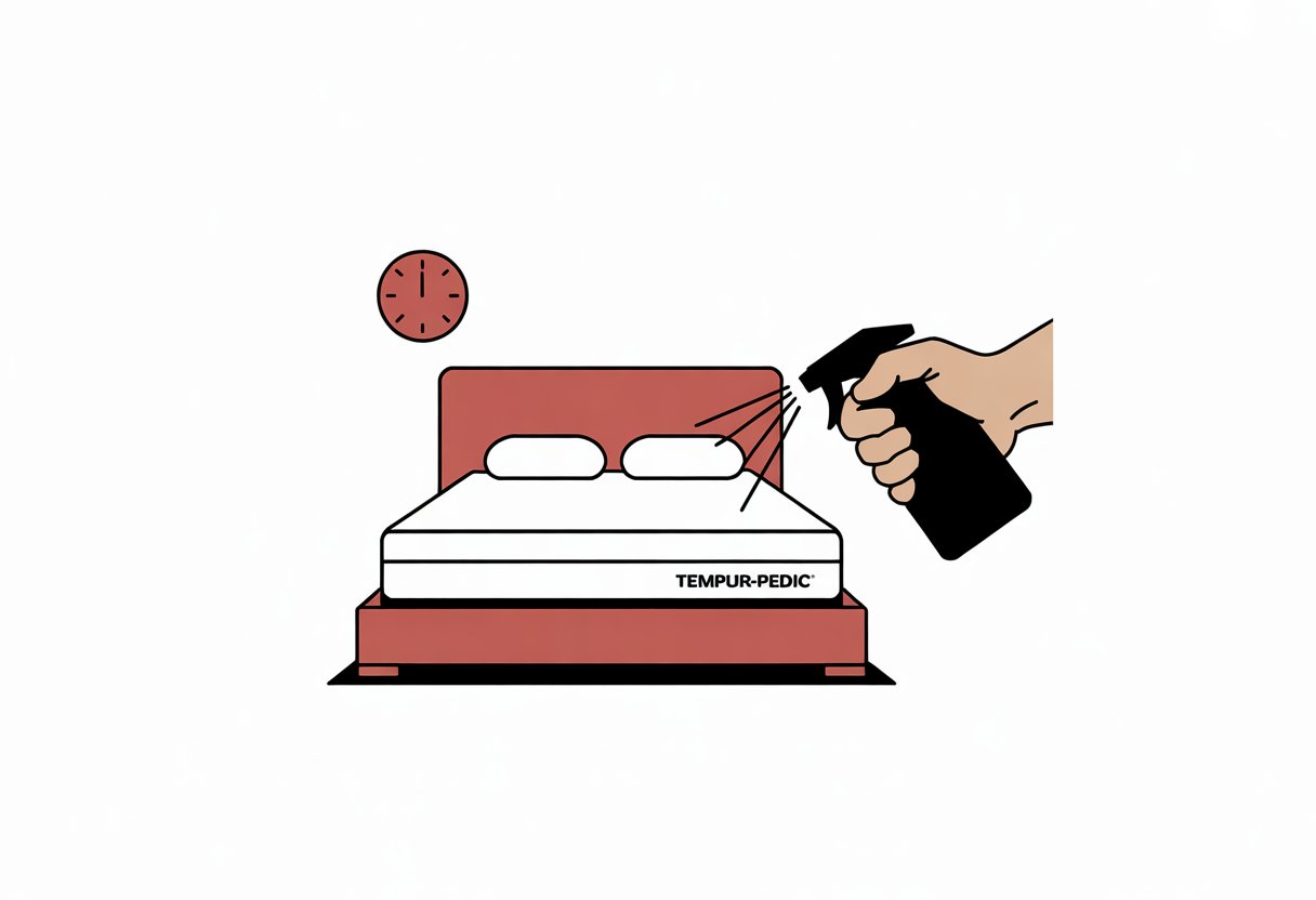 A simplified bedroom corner with a mattress on a bed frame, a hand spraying the mattress with a bottle, and a clock icon above indicating time passing.