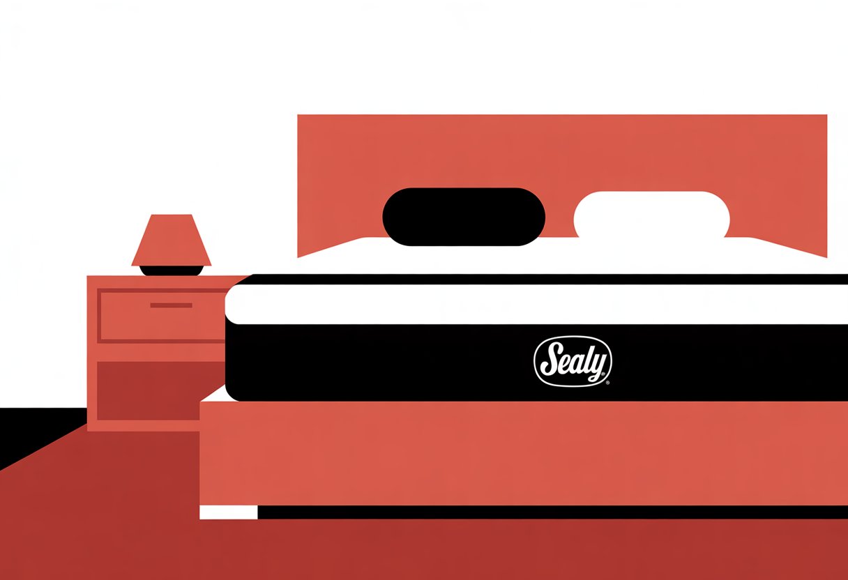 A minimalist bedroom scene with a bed featuring a mattress, a nightstand, and a lamp.