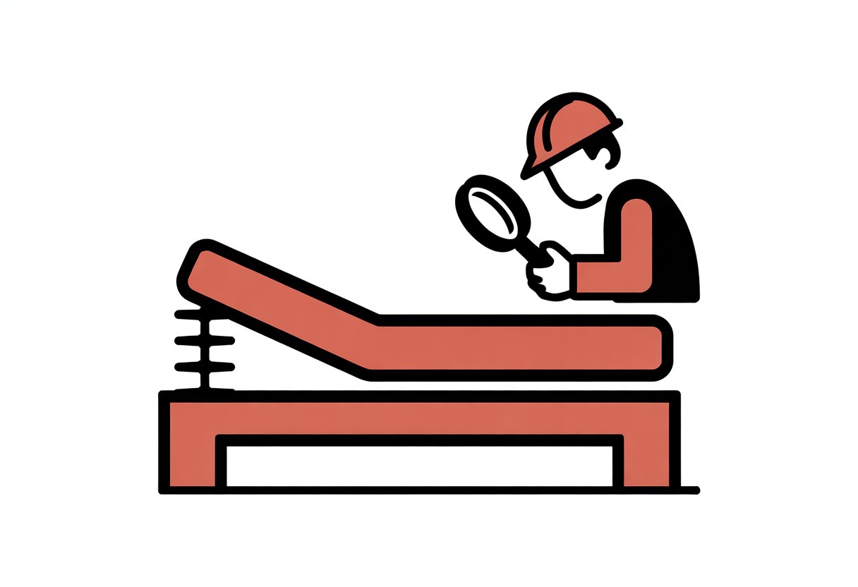 A construction worker inspects a mattress on a bed frame, showing layers of mattress materials in a simple scene.