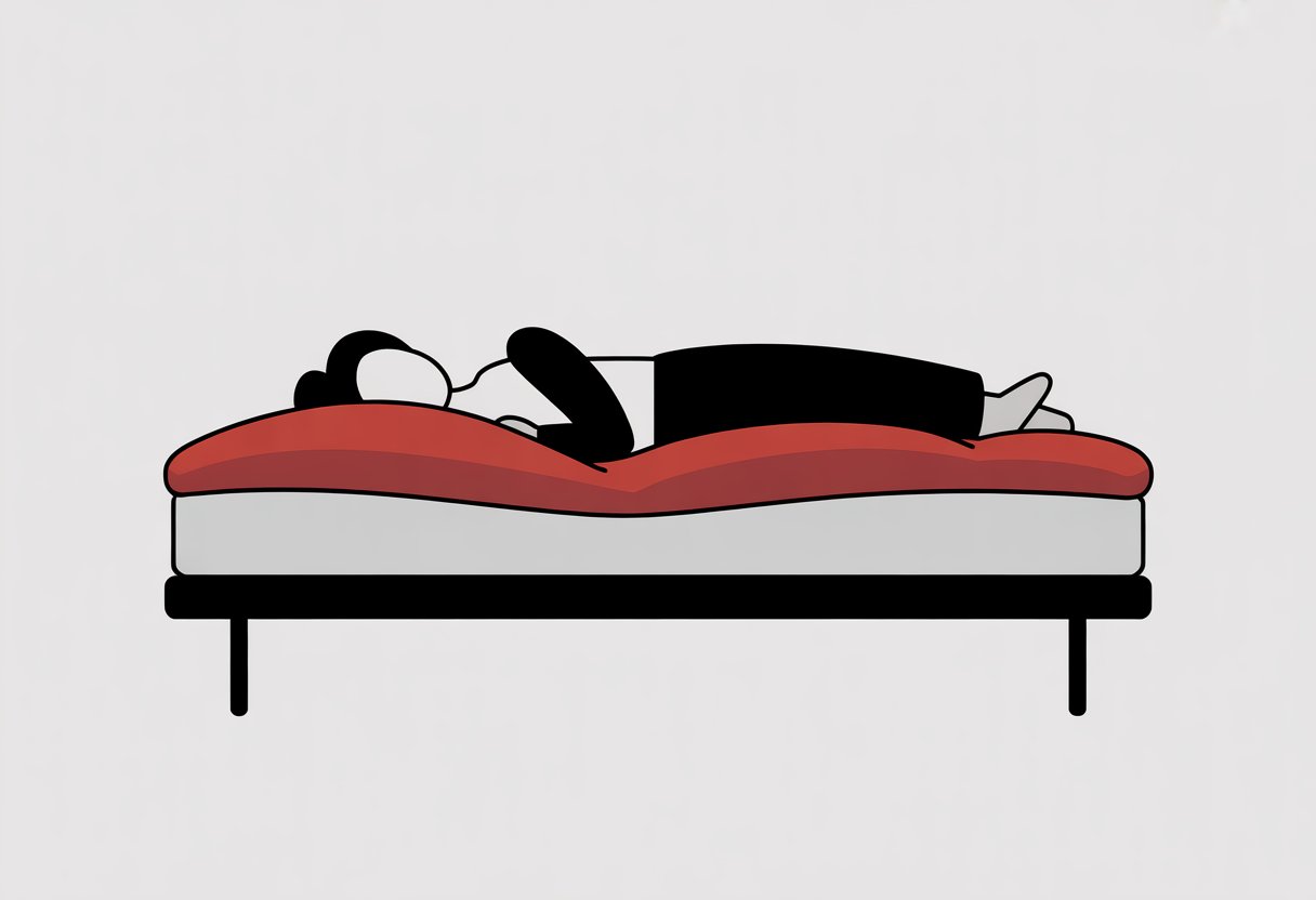 A simplified cross-section of a mattress showing a person lying on a soft top layer supported by a firm base layer.