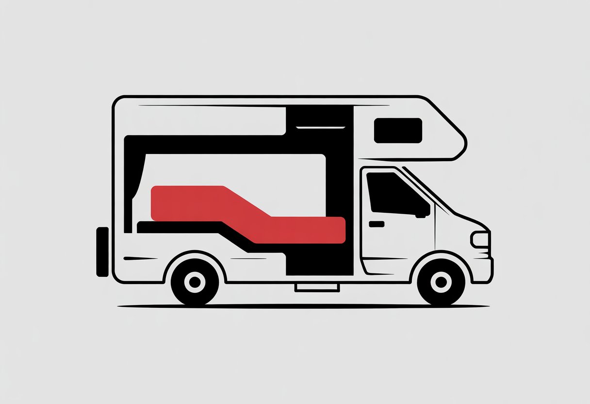 A simplified illustration of an RV interior showing a uniquely shaped mattress fitting inside the sleeping area.