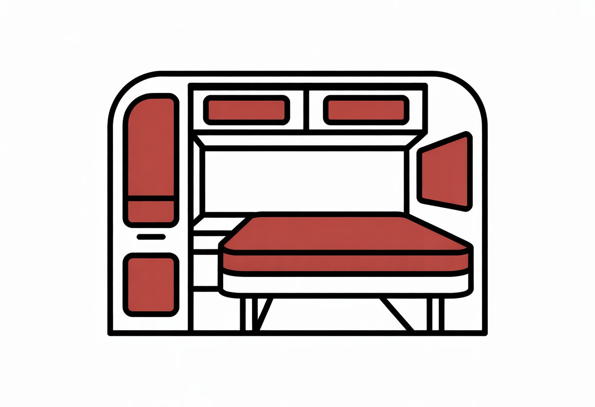 A simplified interior of an RV showing a compact mattress on a raised bed platform, with clear outlines of walls and storage compartments.