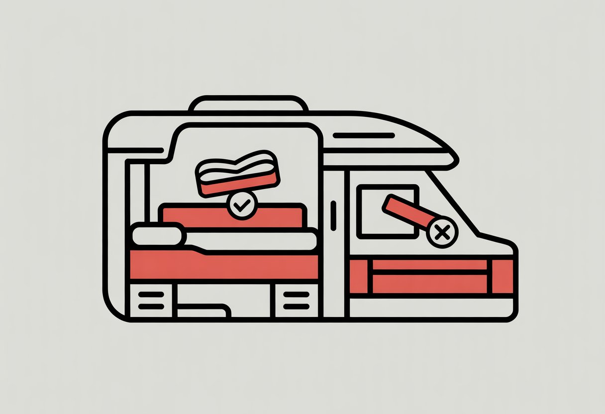 A simple illustration showing an RV interior with a bed and two mattress icons, one marked suitable and the other unsuitable.