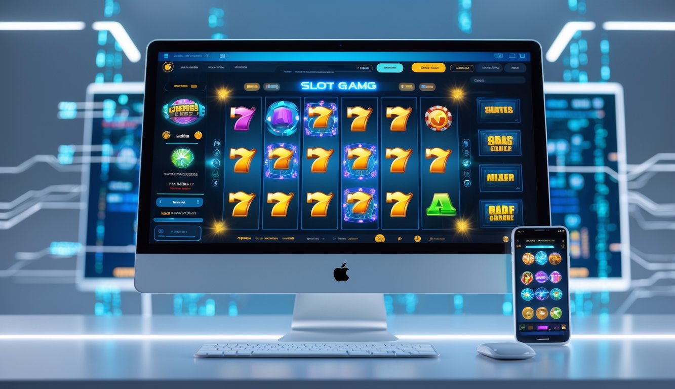 Tampilan platform slot online modern di komputer dan ponsel dengan latar belakang koneksi server yang stabil.