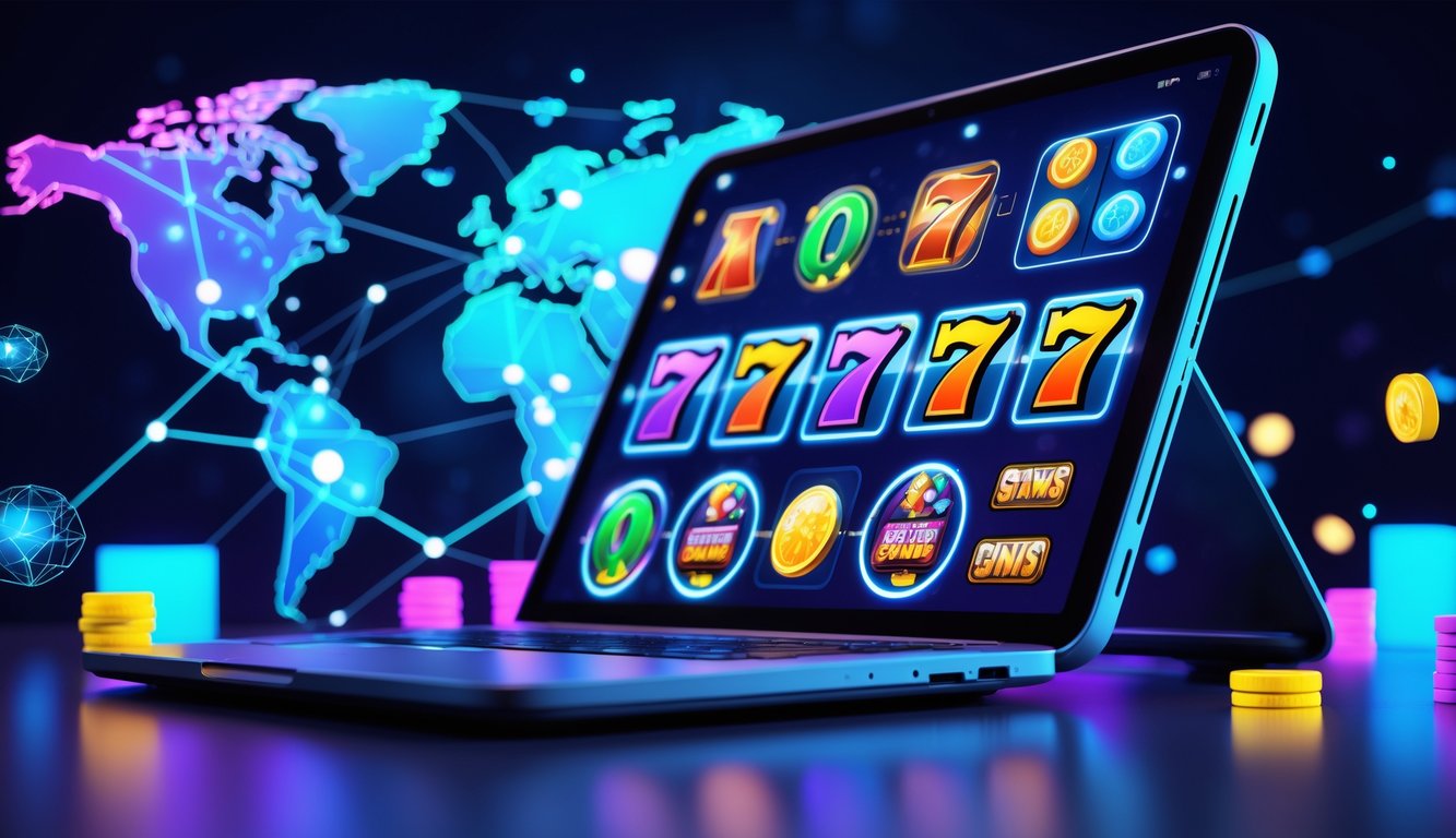 Sebuah layar komputer menampilkan permainan slot digital dengan simbol warna-warni dan elemen jaringan global di latar belakang.