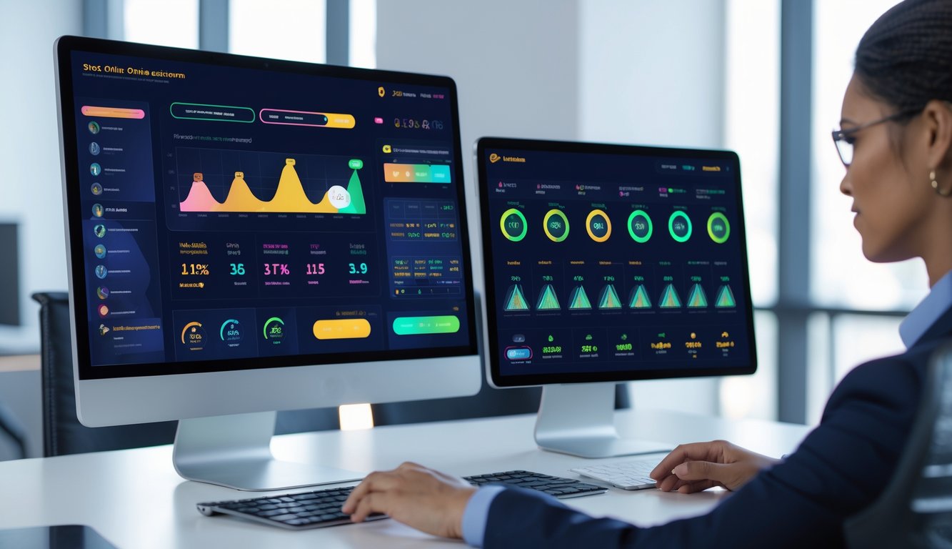 Seorang profesional menggunakan komputer dan tablet yang menampilkan dashboard statistik lengkap dari platform slot online.