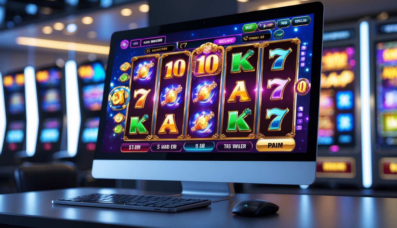 Tampilan layar komputer menampilkan permainan slot online dengan visual warna-warni dan animasi interaktif dalam lingkungan gaming modern.