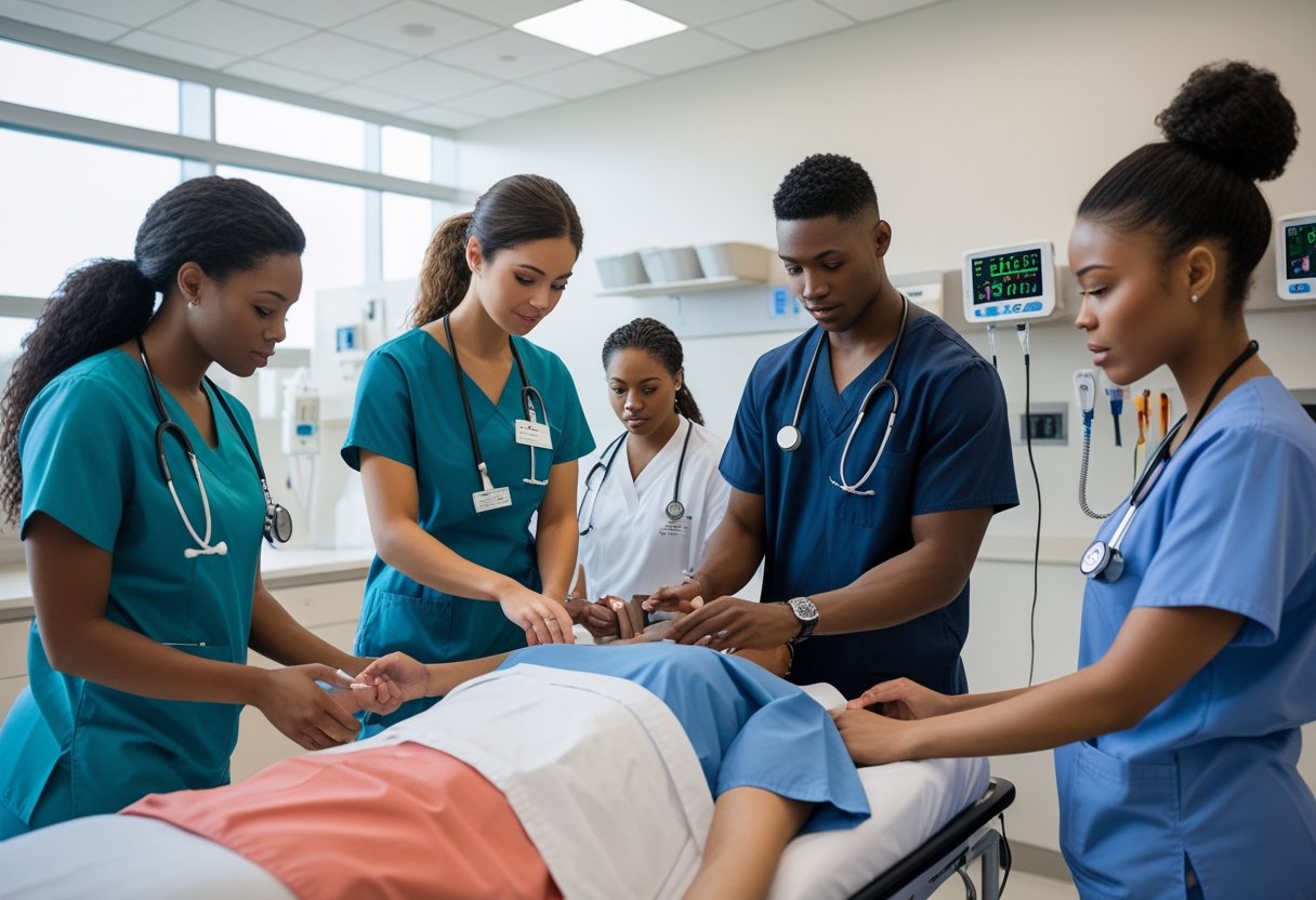 A group of nursing students in scrubs practicing patient care techniques in a healthcare training classroom.