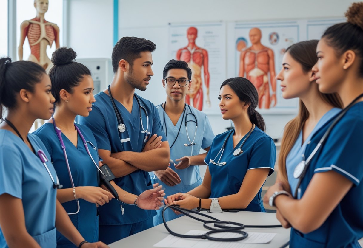 A group of nursing students in scrubs learning patient care techniques in a classroom with medical equipment and mannequins.