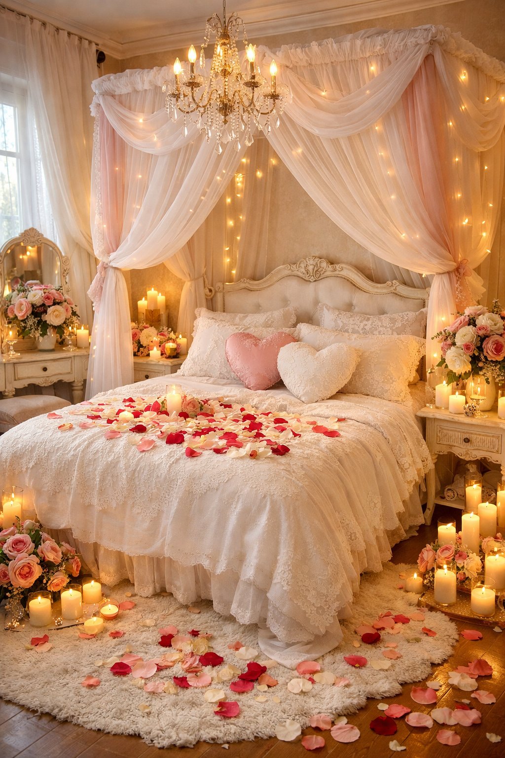 Romantic Bedroom Design Ideas For Weddings Every Couple Is Obsessed With 2 A romantic bedroom with a canopy bed draped in sheer fabric, soft lighting, floral arrangements, and rose petals scattered on the bed.