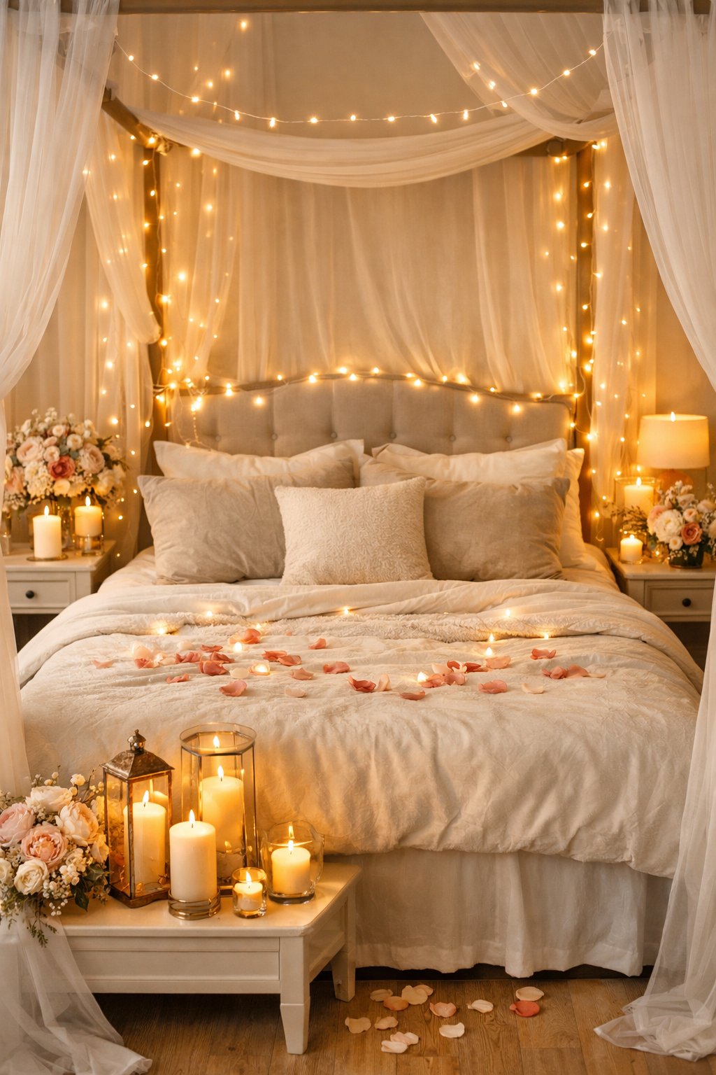 Romantic Bedroom Design Ideas For Weddings Every Couple Is Obsessed With 3 A bedroom with a cozy bed softly lit by warm fairy lights and decorated with flowers and candles.