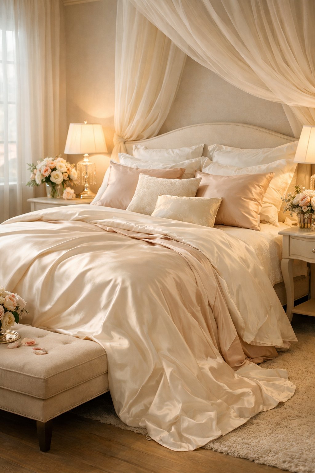 Romantic Bedroom Design Ideas For Weddings Every Couple Is Obsessed With 4 A beautifully arranged bedroom with a bed covered in smooth silk bedding, soft pillows, floral decorations, and warm natural lighting.
