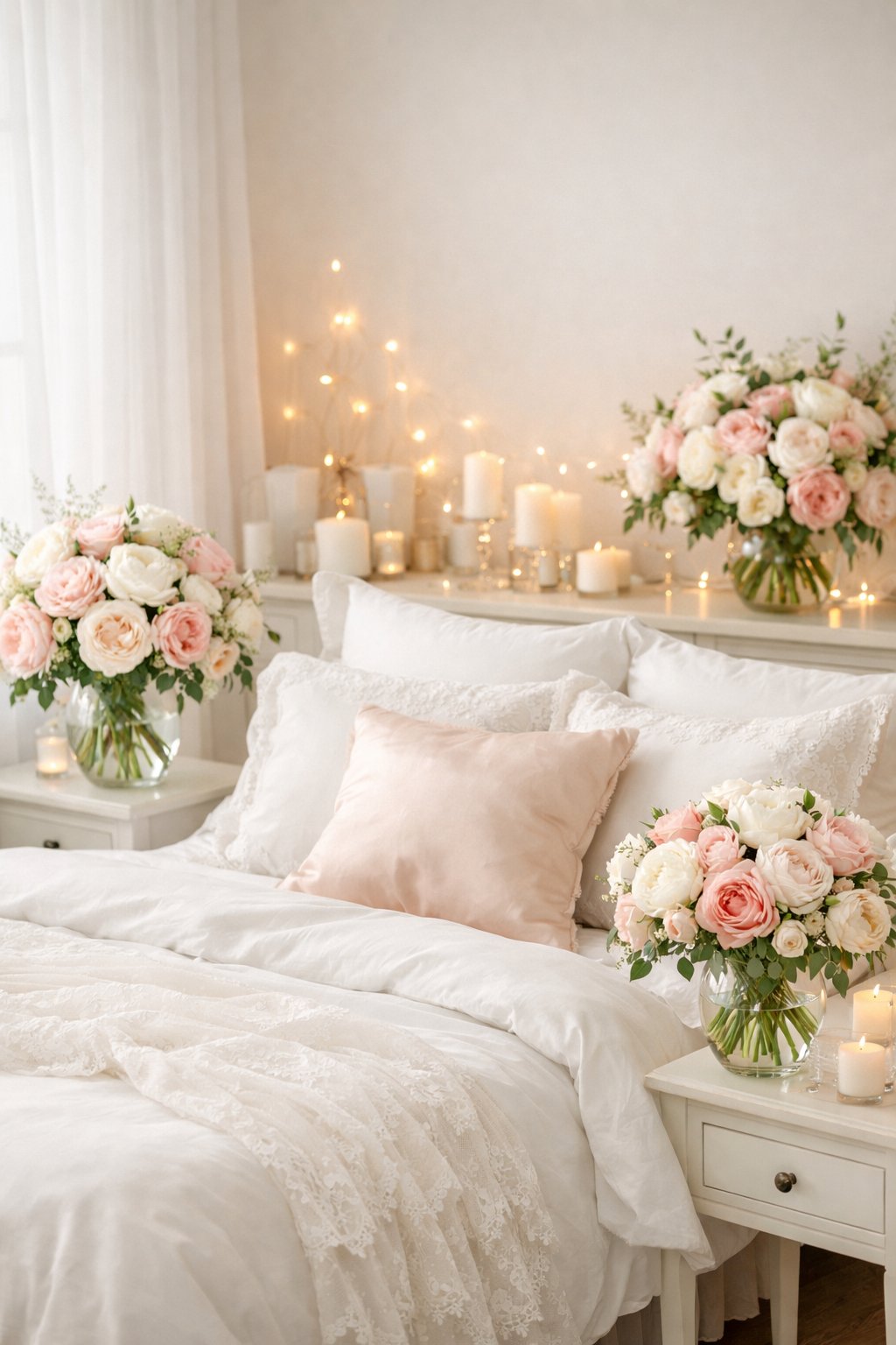 Romantic Bedroom Design Ideas For Weddings Every Couple Is Obsessed With 5 A bedroom with fresh floral arrangements of roses and peonies on bedside tables, a made bed with white linens, and soft natural light coming through sheer curtains.