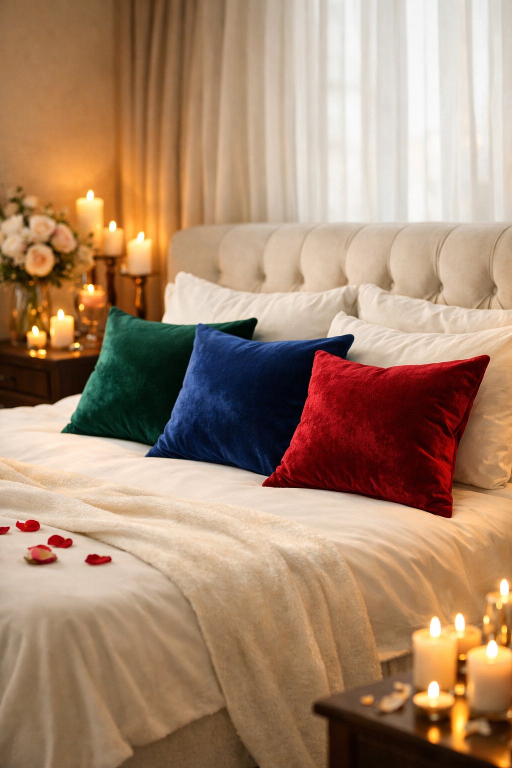 Romantic Bedroom Design Ideas For Weddings Every Couple Is Obsessed With 6 A bed with velvet throw pillows in deep jewel tones and white linens in a softly lit bedroom with floral decorations.