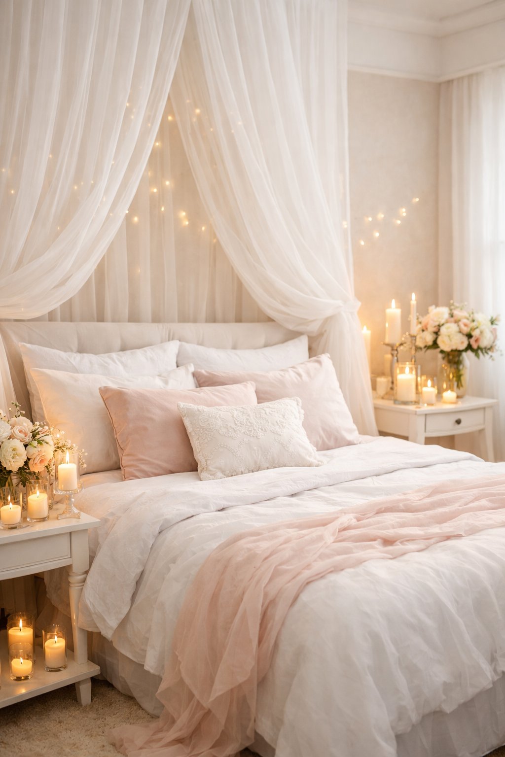 Romantic Bedroom Design Ideas For Weddings Every Couple Is Obsessed With 7 A bright bedroom with sheer curtains filtering natural light, a neatly made bed with floral decorations, and soft ambient lighting.