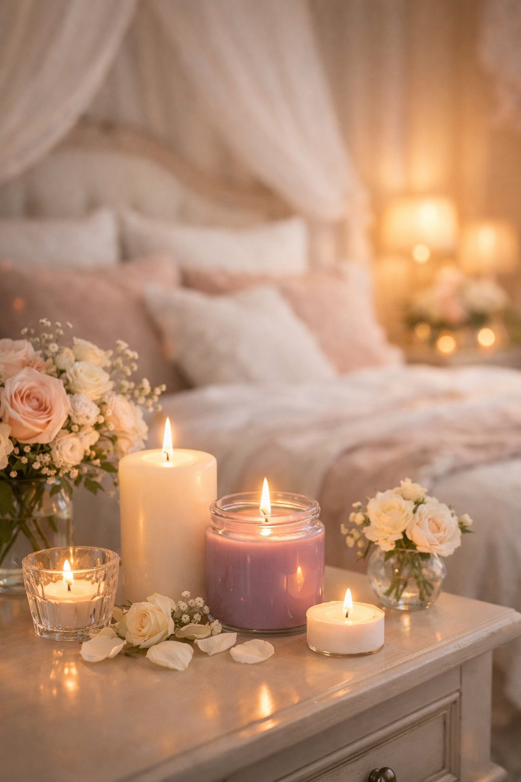 Romantic Bedroom Design Ideas For Weddings Every Couple Is Obsessed With 8 A romantic bedroom with softly glowing candles on a bedside table surrounded by floral decorations and soft linens.