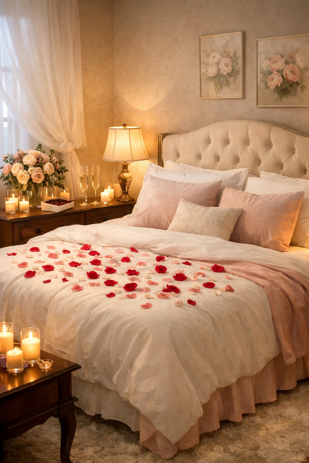 Romantic Bedroom Design Ideas For Weddings Every Couple Is Obsessed With 9 A bedroom with a neatly made bed, rose petals on the bed, soft lighting, candles, and a bouquet of flowers on a dresser.