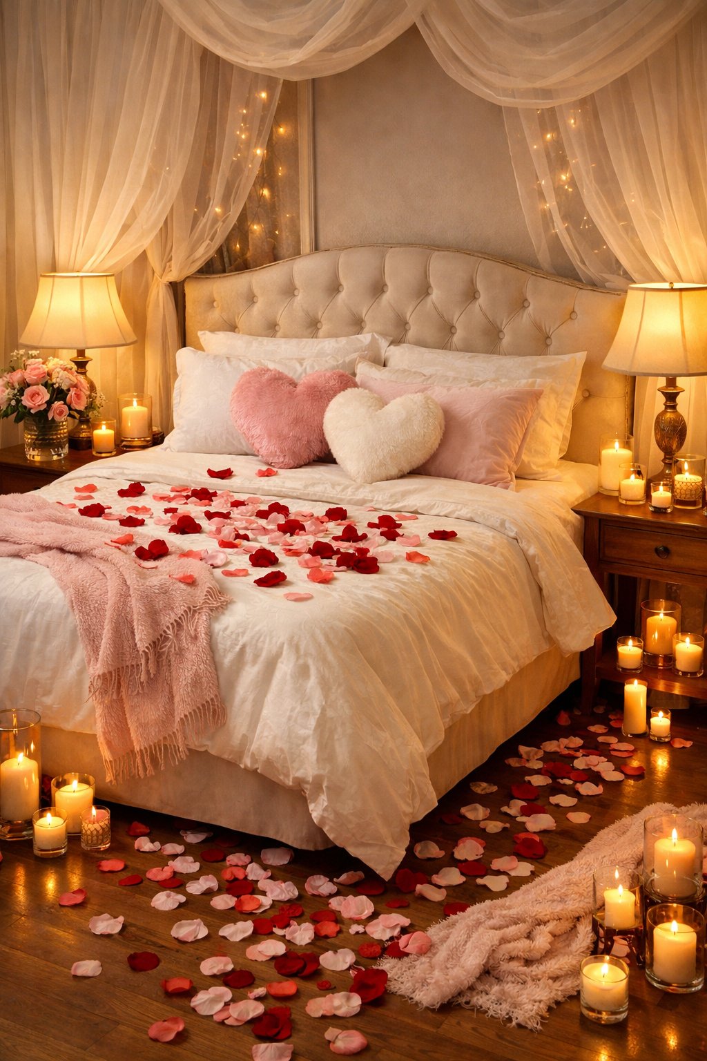 Romantic Bedroom Design Ideas For Weddings Every Couple Is Obsessed With 10 A romantic bedroom with a large bed covered in white and pink linens, rose petals scattered on the bed and floor, soft lighting, and fresh roses on a nightstand.