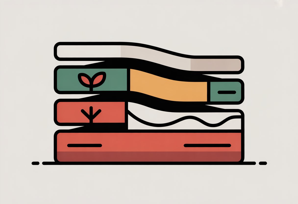 A simplified cross-section of a mattress showing different layers, with some layers marked by a small leaf symbol to represent organic materials.