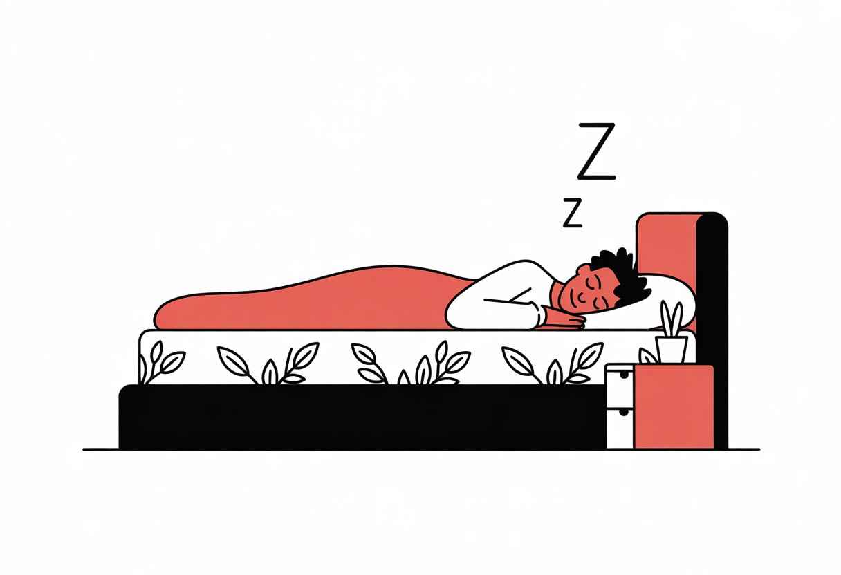 A person sleeping peacefully on a bed with a simple mattress and a small plant on a nightstand beside them.