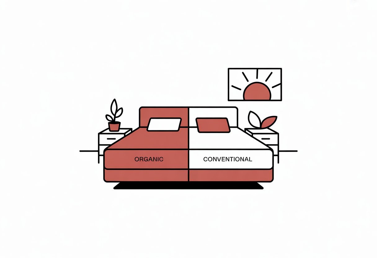 A simple bedroom scene showing a bed with a mattress divided into two halves, one with a leaf symbol and a small plant nearby, suggesting a comparison between organic and conventional mattresses.