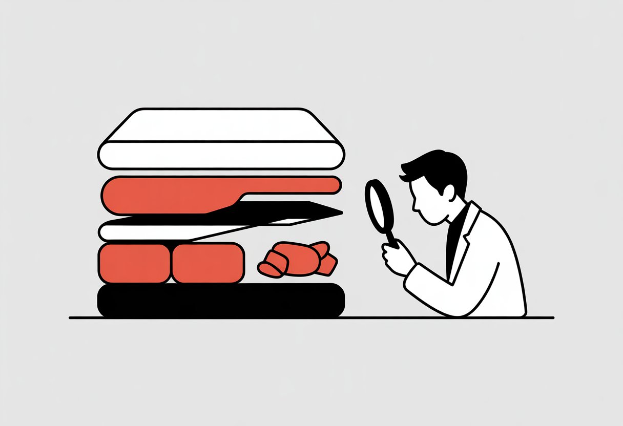 A simple comic panel showing a person in a lab coat examining the layers inside a mattress with a magnifying glass.