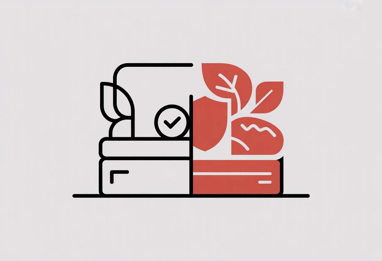 A simple illustration showing a mattress divided into two halves, one representing a new mattress and the other a recycled mattress, with icons symbolizing health and environmental safety beside each half.