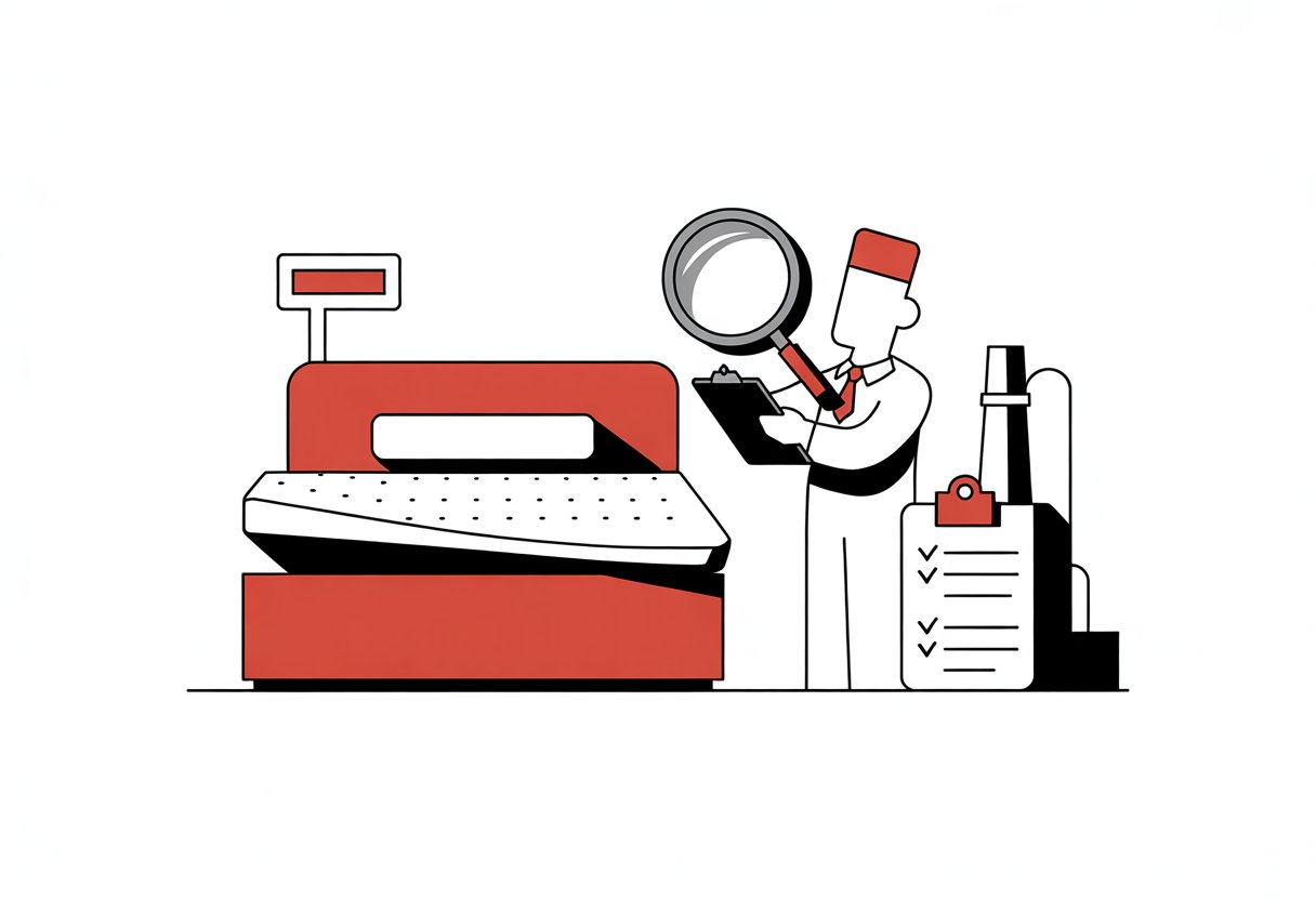 A person inspecting a mattress sample with a clipboard, with a factory silhouette in the background.