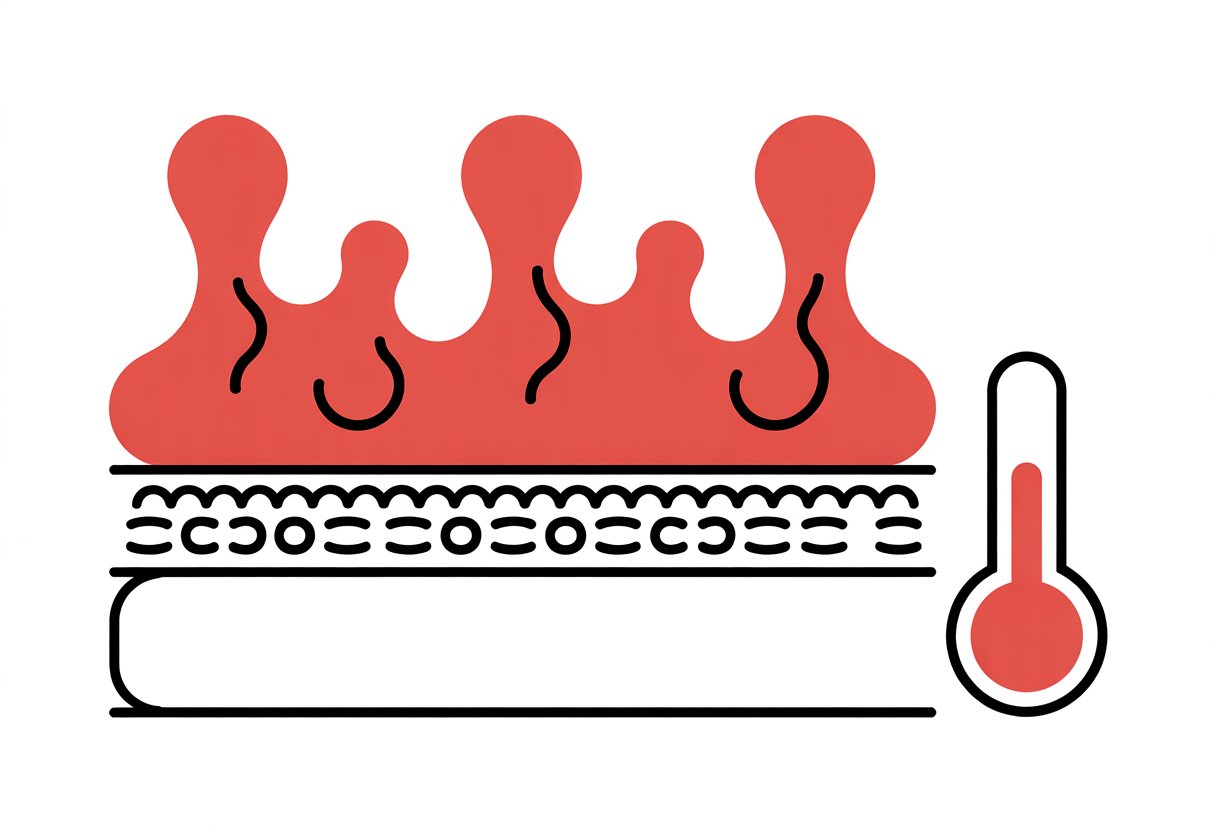 A simplified cross-section of a mattress with three layers, showing cooling gel waves, phase-change material dots, and breathable fabric, alongside a thermometer icon.