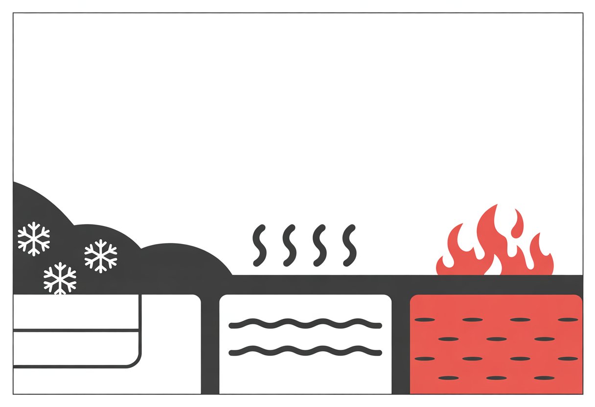 Three simplified mattress icons side by side with symbols above each indicating cooling, airflow, and warmth.