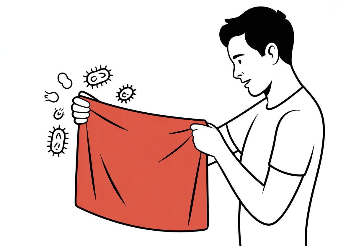 A person holding a piece of fabric while small microbes around the fabric break apart or are repelled.