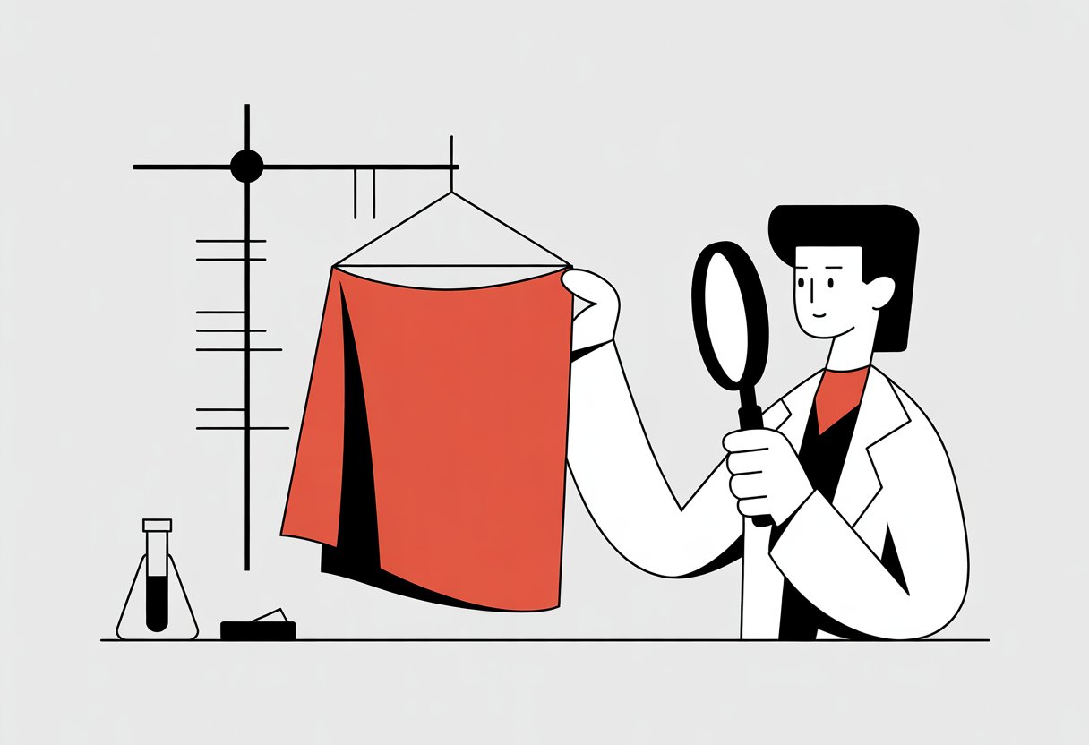 A scientist in a lab coat examines a piece of fabric under a magnifying glass in a laboratory setting.