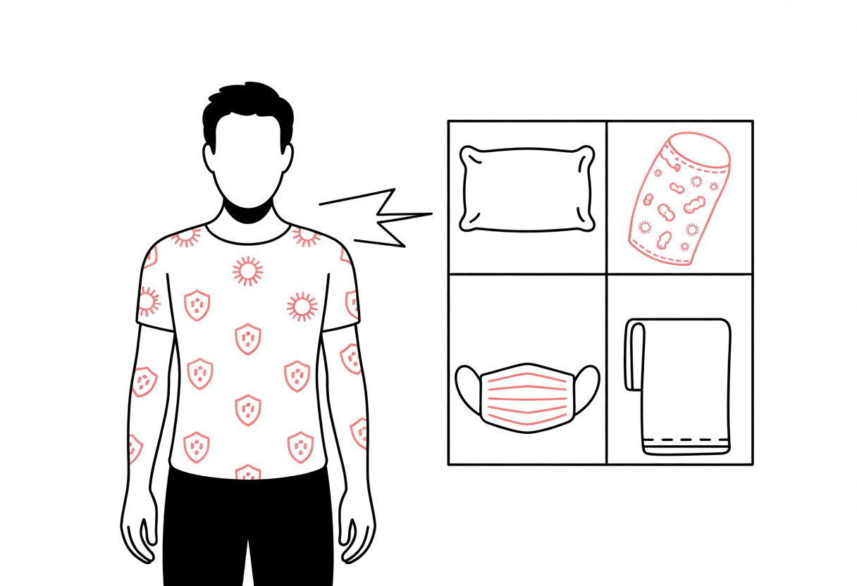 A person wearing a shirt with symbols showing antimicrobial protection, alongside everyday items like a pillow, face mask, and towel, all depicted simply.
