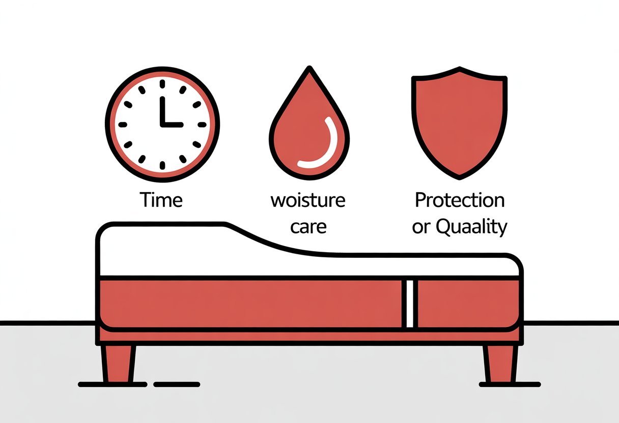 A simple illustration of a mattress with three icons above it representing time, moisture, and protection.