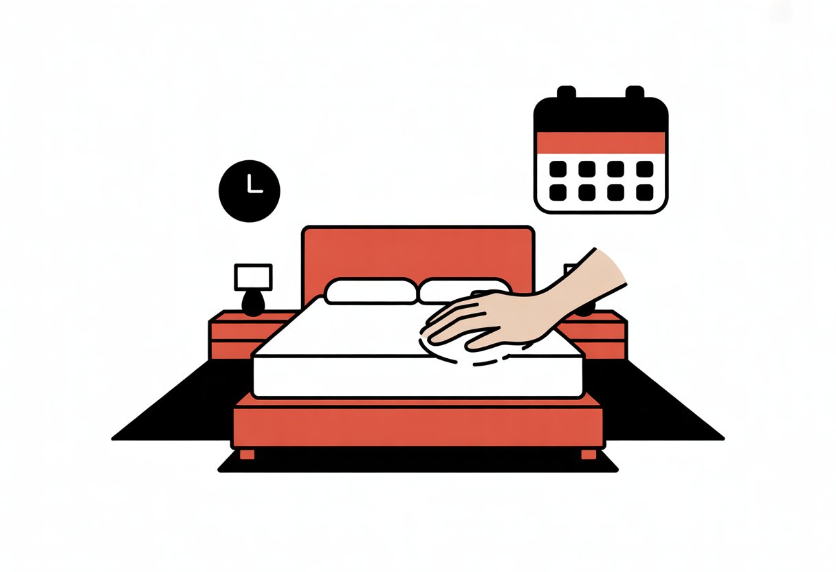 A simple bedroom scene showing a neatly made mattress with a hand gently smoothing its surface and a clock symbol nearby, representing care and time.