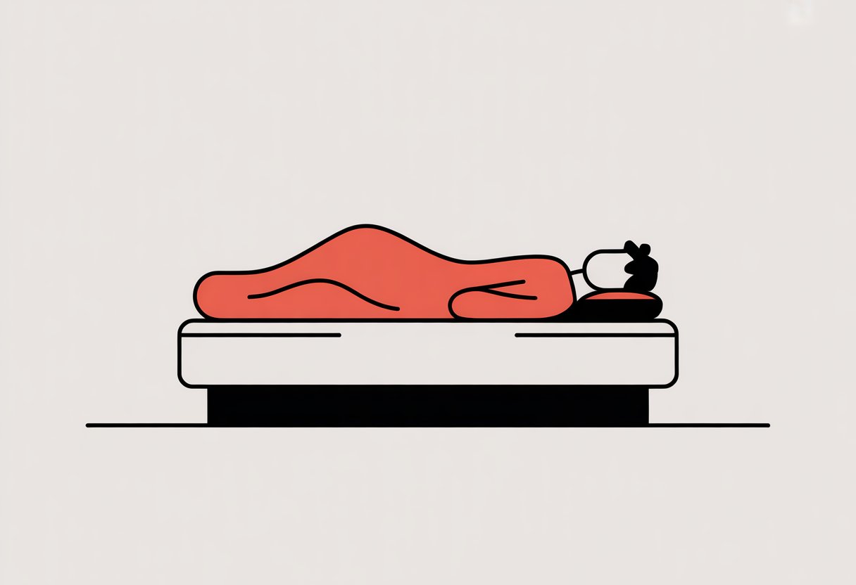 A simplified illustration of a person reclining on a mattress with abstract red shapes above it suggesting comfort and support.