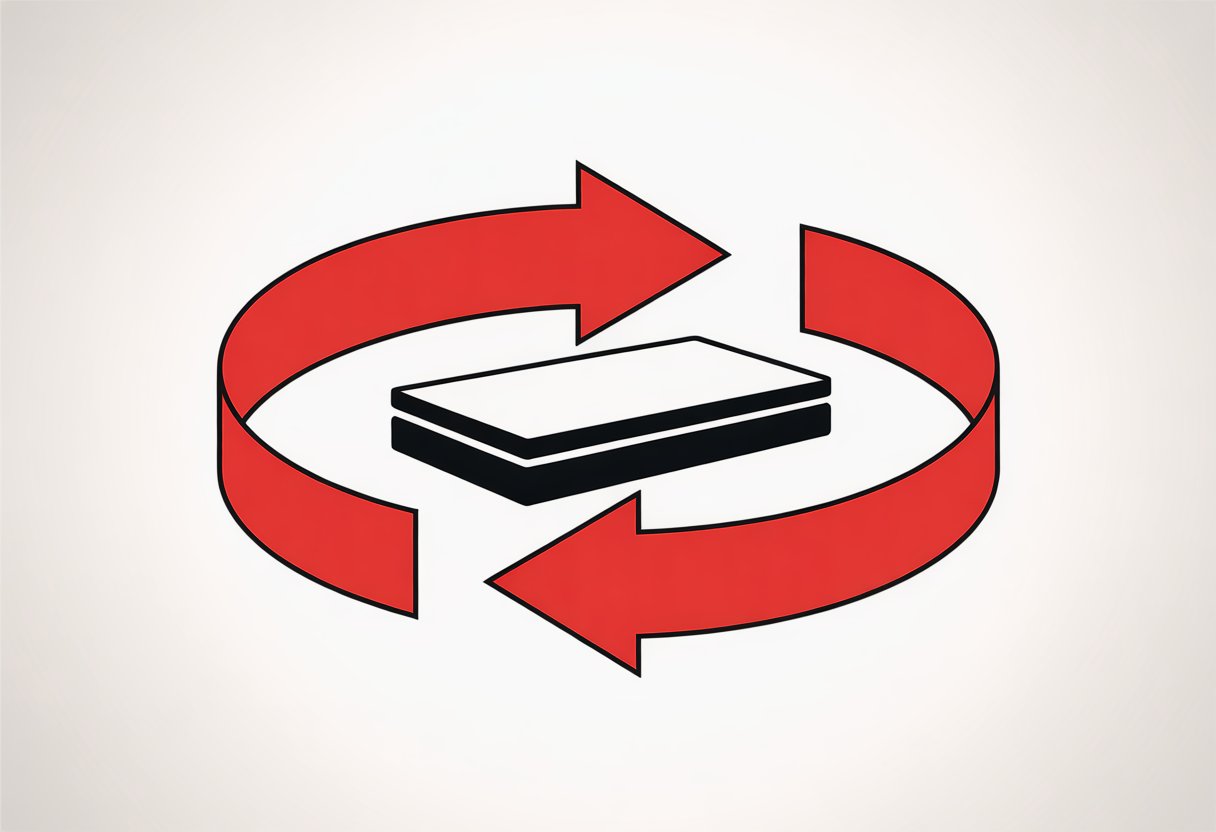A simple illustration of a mattress with three red arrows forming a loop around it, symbolizing durability and longevity.